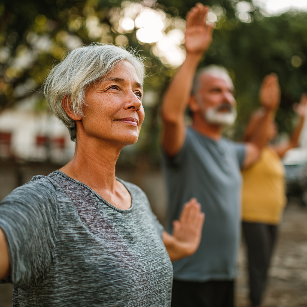 Middle-aged adults practicing gentle movement exercises outdoors