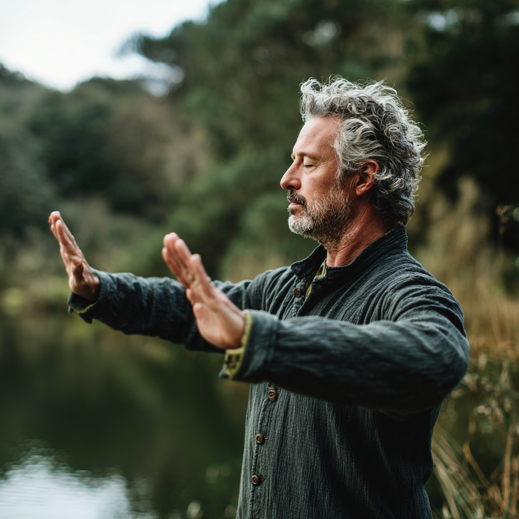 Middle-aged person practicing gentle movements in peaceful natural environment
